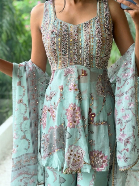 Rhythm Firozi Georgette Indo-Western Palazzo Set