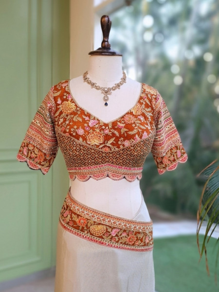 Mehr Cream & Orange Fusion Saree