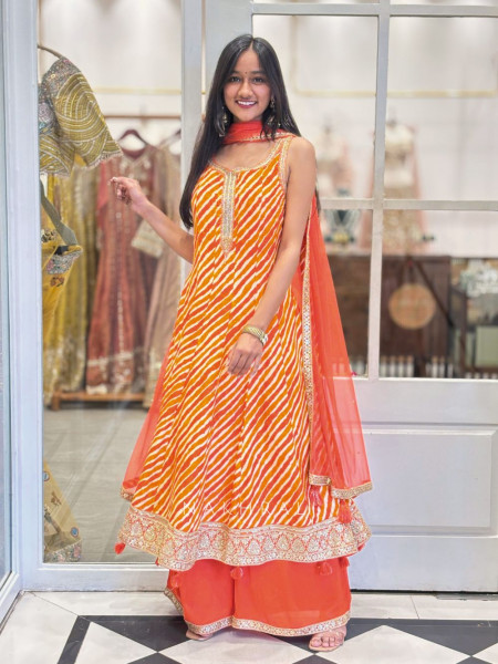 Aabha Orange Crepe Leheriya Suit Set with Zari and Sequin Work