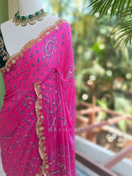Mehrang Magenta Bandhani Saree with Gota Border