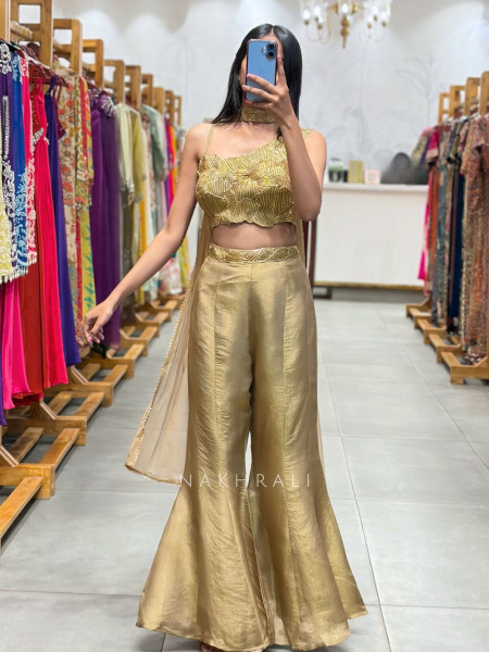 Golden Brown Indo-Western Crop Top Set with Cut Dana Work