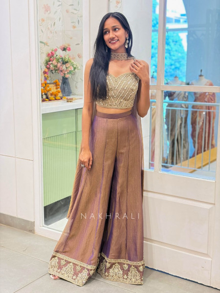 Aura Brown Indo Western Palazzo Set with Mirror Embroidery