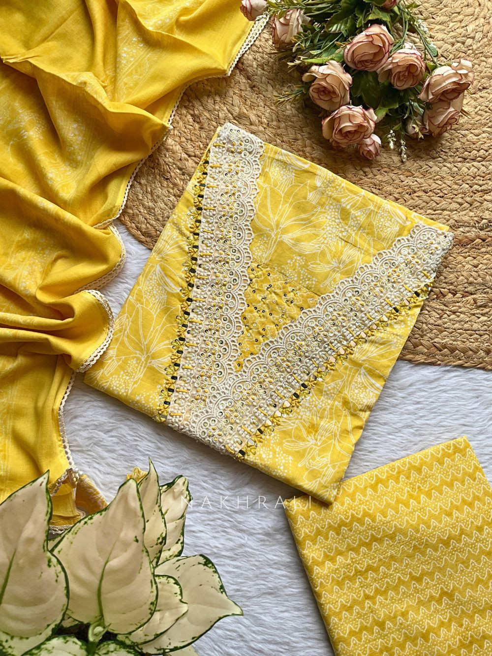 Sunshine Yellow Cotton Dress Material with Sequin Neck Work Sunshine Yellow Cotton Dress Material with Sequin Neck Work