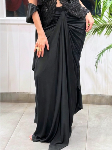 Rivya Embroidered Black Halter Crop Top with Draped Skirt Set