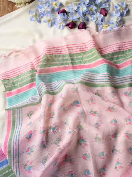 Panchi Peach Twill Blend Dress Material with Bird Thread Embroidery