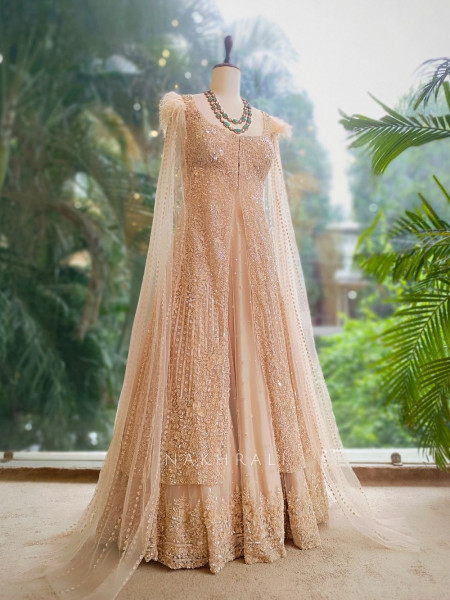 Aafreen Beige Indo-Western Bridal Lehenga with Sequin Embellishments