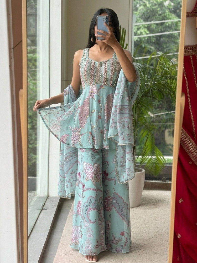Image of Rhythm Firozi Georgette Indo-Western Palazzo Set