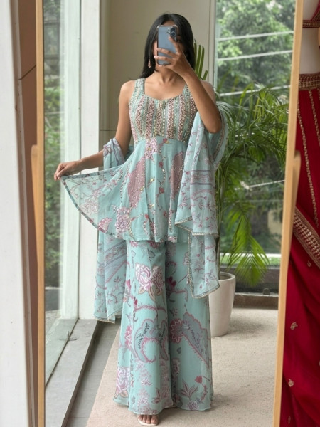 Rhythm Firozi Georgette Indo-Western Palazzo Set