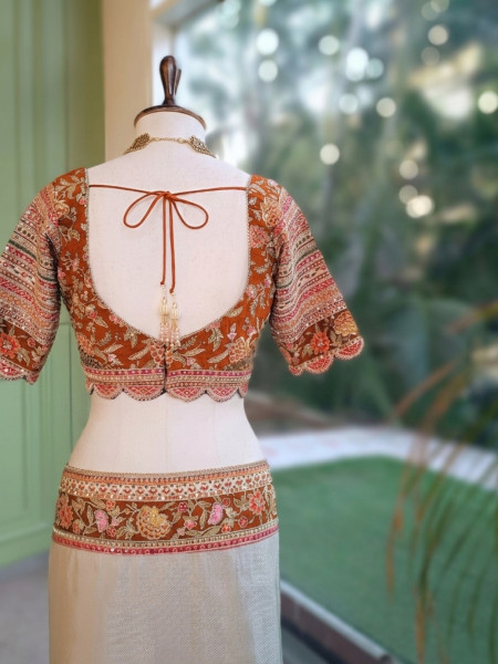 Mehr Cream & Orange Fusion Saree