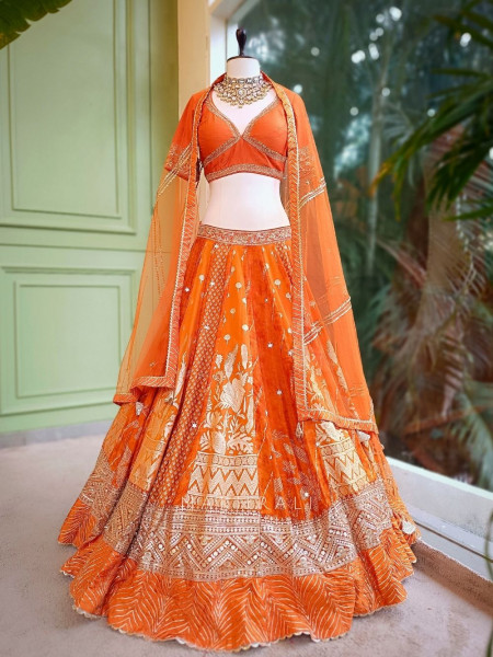 Pravya Orange Embroidered Lehenga with Sheer Dupatta
