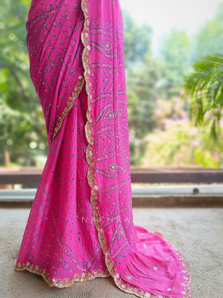 Mehrang Magenta Bandhani Saree with Gota Border