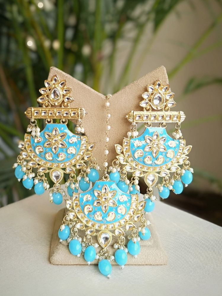 Image of Aurevista Blue Meenakari Kundan Earring &amp; Tikka Set