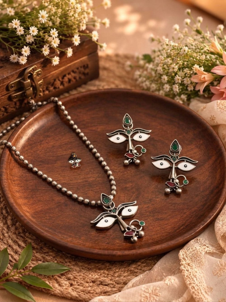 Image of Drishti Antique Silver, White, Green &amp; Red Oxidised Necklace &amp; Earrings Set With Face Motif Detail