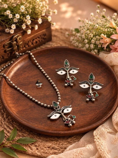 Drishti Antique Silver, White, Green & Red Oxidised Necklace & Earrings Set With Face Motif Detail