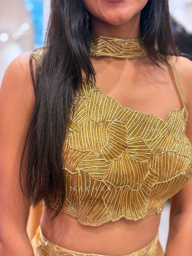 Image of Golden Brown Indo-Western Crop Top Set with Cut Dana Work