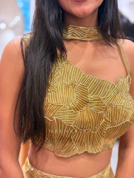 Golden Brown Indo-Western Crop Top Set with Cut Dana Work