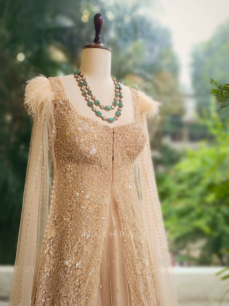 Aafreen Beige Indo-Western Bridal Lehenga with Sequin Embellishments