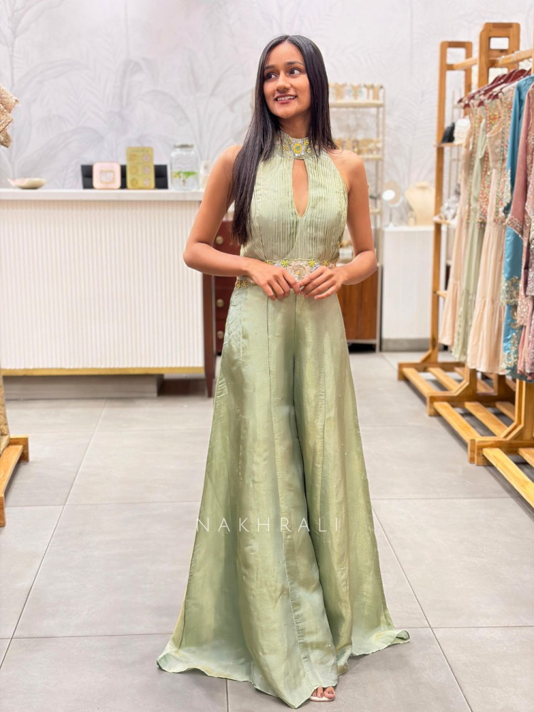 Image of Quiero Green Satin Jumpsuit with Sequin Waist Work