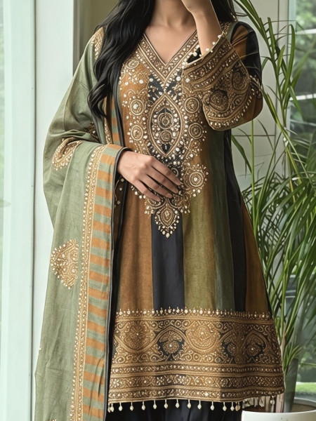 Aranya Rust-Olive Printed Silk Salwar Suit Set
