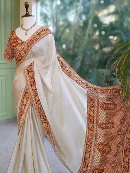 Mehr Cream & Orange Fusion Saree