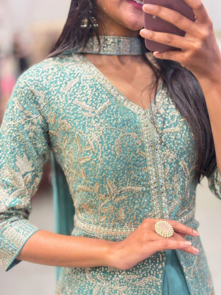 Elira Sea Green Georgette Suit Set with Sequin Embroidery