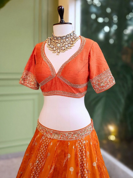 Pravya Orange Embroidered Lehenga with Sheer Dupatta