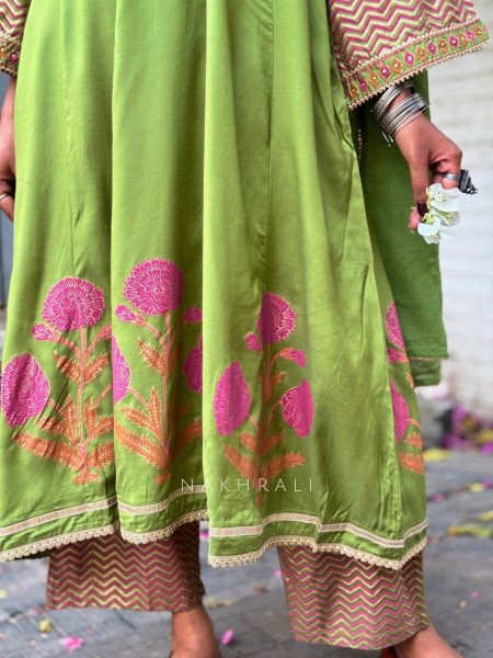 Madhura Green Cotton Suit Set with Printed Border Detail