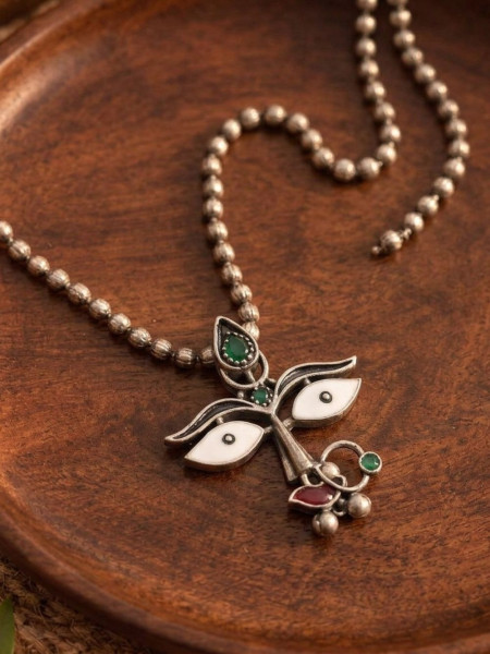 Drishti Antique Silver, White, Green & Red Oxidised Necklace & Earrings Set With Face Motif Detail