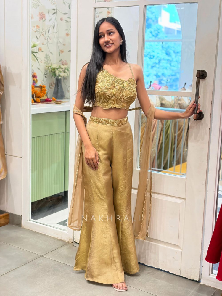 Image of Golden Brown Indo-Western Crop Top Set with Cut Dana Work