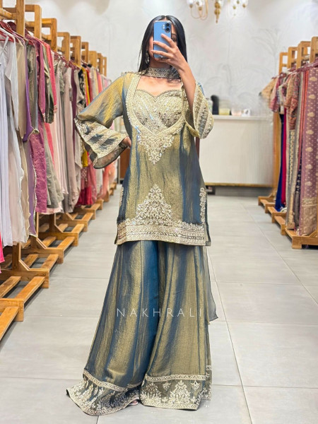 Aura Green Indo Western Palazzo Set with Mirror Embroidery
