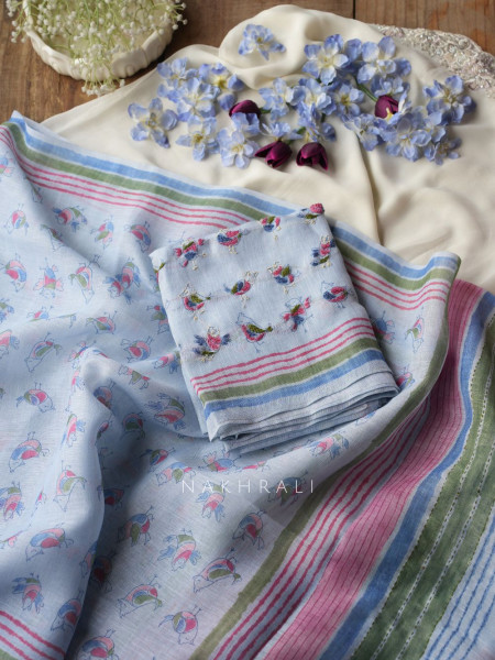 Panchi Light Grey Twill Blend Dress Material with Bird Thread Embroidery