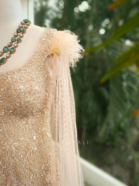 Aafreen Beige Indo-Western Bridal Lehenga with Sequin Embellishments