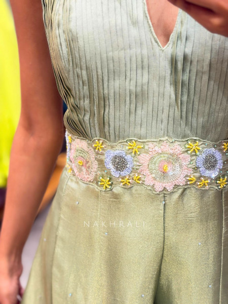 Quiero Green Satin Jumpsuit with Sequin Waist Work