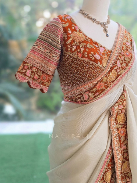 Mehr Cream & Orange Fusion Saree