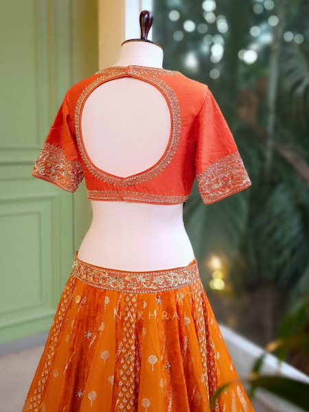 Pravya Orange Embroidered Lehenga with Sheer Dupatta