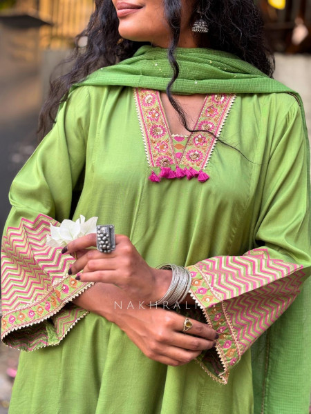 Madhura Green Cotton Suit Set with Printed Border Detail