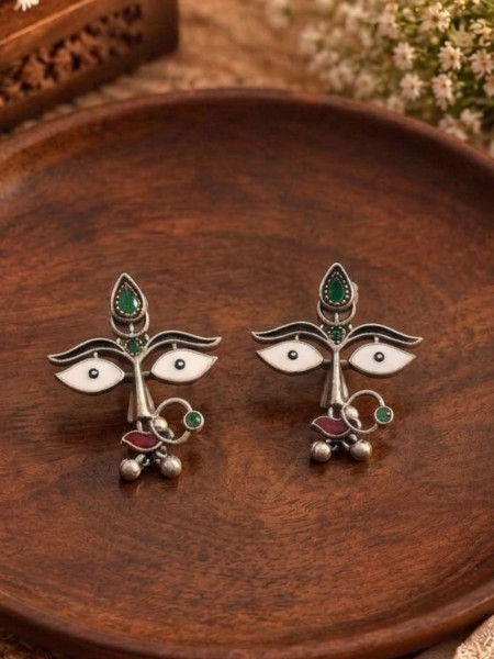 Drishti Antique Silver, White, Green & Red Oxidised Necklace & Earrings Set With Face Motif Detail