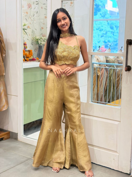 Golden Brown Indo-Western Crop Top Set with Cut Dana Work