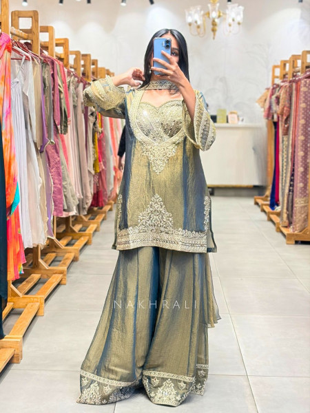 Aura Green Indo Western Palazzo Set with Mirror Embroidery