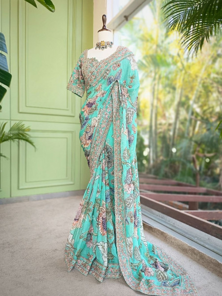 Neelvanika Firozi Floral Saree with Sequin Mirror Embroidery