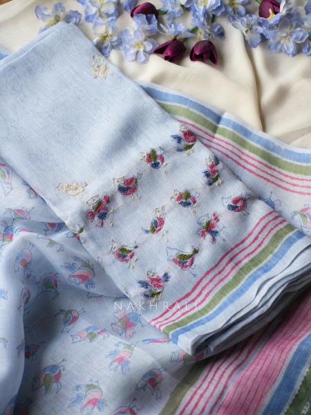 Panchi Light Grey Twill Blend Dress Material with Bird Thread Embroidery