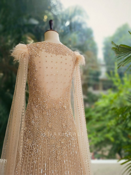 Aafreen Beige Indo-Western Bridal Lehenga with Sequin Embellishments