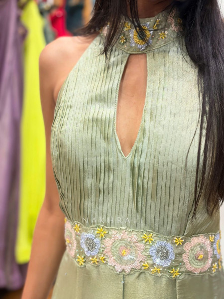 Quiero Green Satin Jumpsuit with Sequin Waist Work