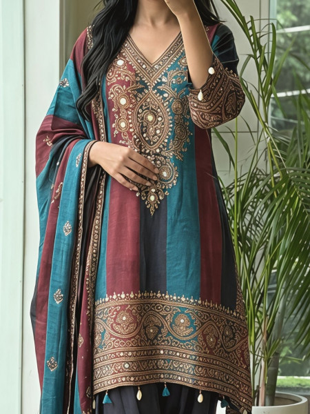 Aranya Blue  Printed Silk Salwar Suit Set