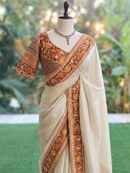 Mehr Cream & Orange Fusion Saree