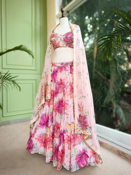 Aaral Pink Floral Print Lehenga with Zari & Sequin Work