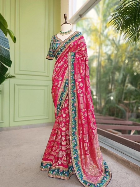 Samriddhi Magenta Saree with Embroidery & Readymade Blouse