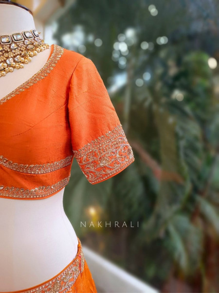Pravya Orange Embroidered Lehenga with Sheer Dupatta