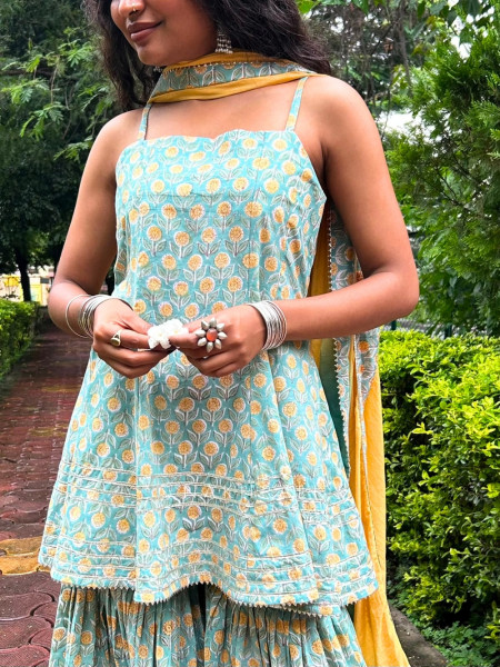 Meherin Pista Green  Cotton – Gharara Suit Set With Traditional Print Detail