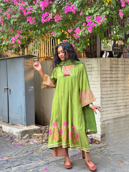 Madhura Green Cotton Suit Set with Printed Border Detail